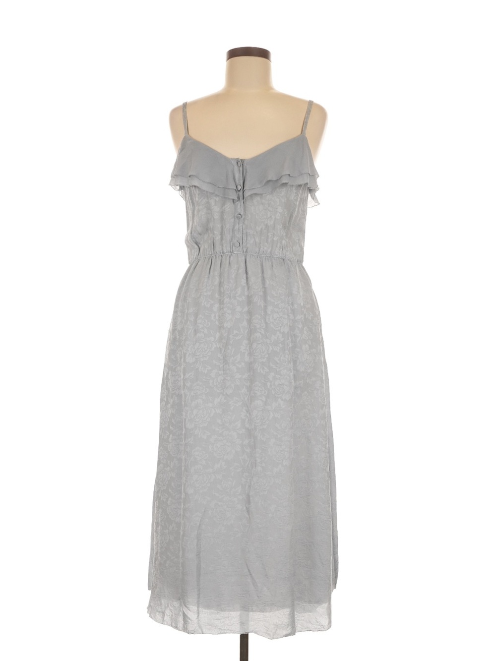Babaton Gray Ruffle Neckline Adjustable Floral Pattern 100% Silk Maxi Dress